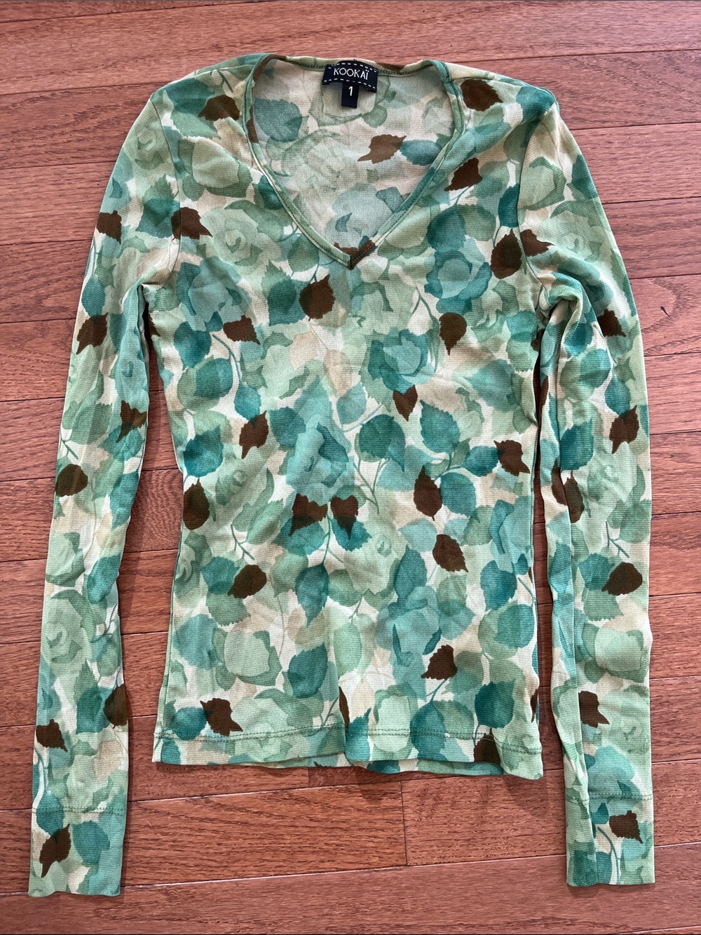 Kookai Green Leaf-Print V-Neck sheer Long Sleeve Top